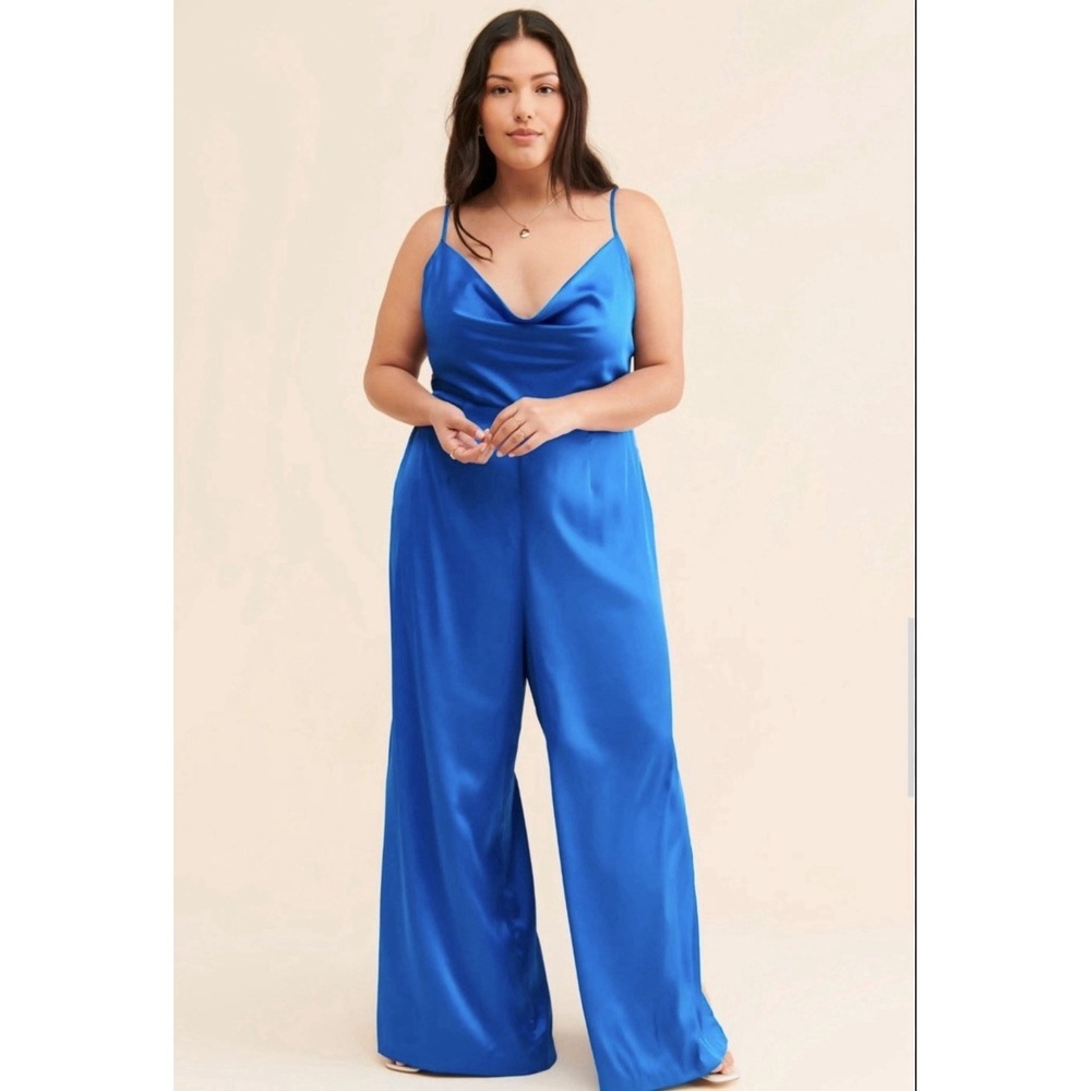 Anthropologie Hutch Cowl Neck Wide Leg Satin Jumpsuit 26W Plus Size Blue